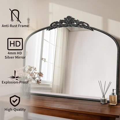 Micasso Vintage Black Wall Mirror: 40"x29" Baroque Antique Arched Mirror | Traditional Ornate French Decorative Mirror for Bedroom/Bathroom/Fireplace/Entryway/Hallway/Dresser/Vanity/Mantel/Nightstand