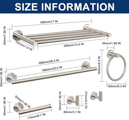 NearMoon Bathroom Accessories Set 6 Pieces, SUS304 Stainless Steel Bathroom Hardware Set, Shower Towel Rack for Kitchen, Towel Holder Wall Mounted (16 Inch, Brushed Nickel)