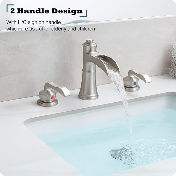 Widespread Bathroom Faucet, 4-16 Inch Brushed Nickel Waterfall Bathroom Faucets Solid Brass Sink Faucet Bathroom Vanity Faucets 3 Hole 2 Handle with Supply Water Hoses Pop-up Drain
