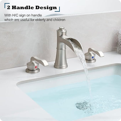Widespread Bathroom Faucet, 4-16 Inch Brushed Nickel Waterfall Bathroom Faucets Solid Brass Sink Faucet Bathroom Vanity Faucets 3 Hole 2 Handle with Supply Water Hoses Pop-up Drain