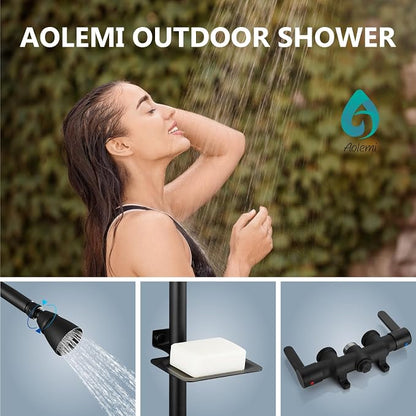 Aolemi Outdoor Shower Kit, Upward-Facing Inlets, Matte Black | 3-Inch Center Hot And Cold Mixer Valve, Dual Handles, with Soap Dish For Convenient Outdoor Shower Use