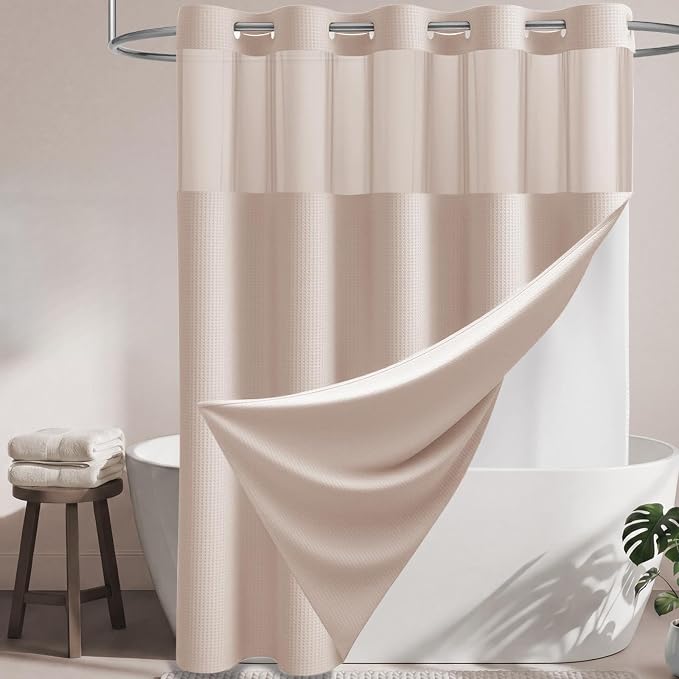 Blush Pink Hook Free Waffle Shower Curtain & Snap-in Liner,72x81 | Less Time to install, 3 in 1 Fabric Shower Curtain and Liner Set with Magnets, Long, Shower Curtains for Bathroom