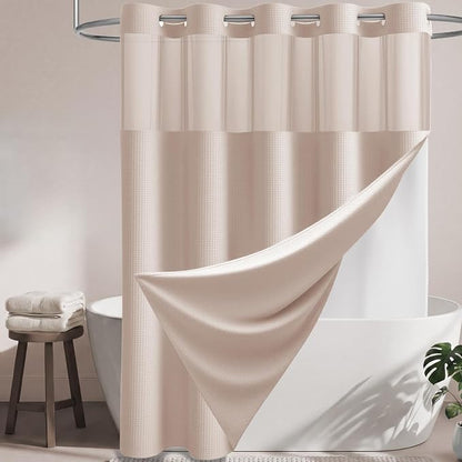 Blush Pink Hook Free Waffle Shower Curtain & Snap-in Liner,72x81 | Less Time to install, 3 in 1 Fabric Shower Curtain and Liner Set with Magnets, Long, Shower Curtains for Bathroom