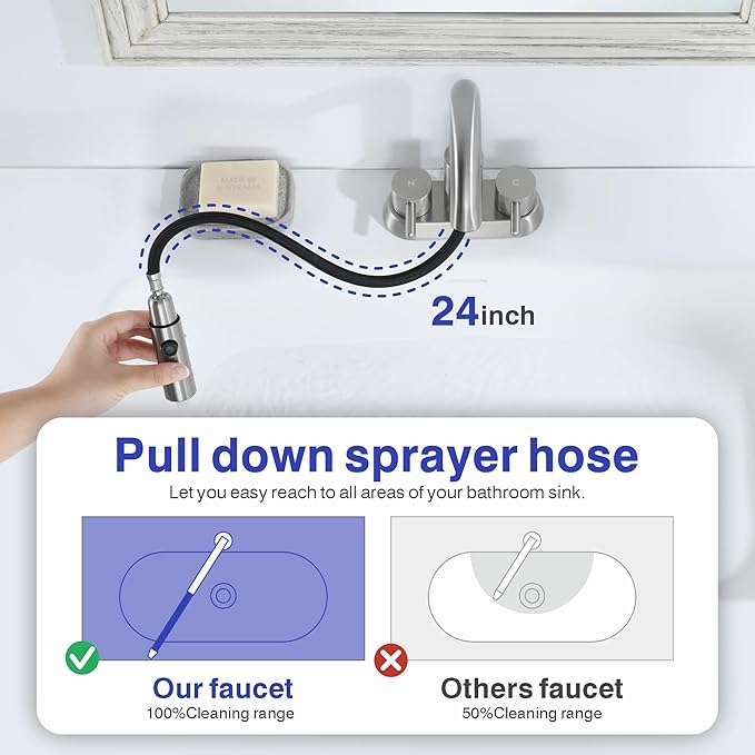 Bathroom Faucet with Sprayer, Brushed Nickel 2 Handles with Pop-Up Drain | Kablle 3 Holes Pull Out 4 inch Centerset Laundry Bar Basin Pull Out Faucet with Pop-Up Drain, KBL-6002BN
