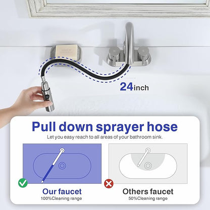 Bathroom Faucet with Sprayer, Brushed Nickel 2 Handles with Pop-Up Drain | Kablle 3 Holes Pull Out 4 inch Centerset Laundry Bar Basin Pull Out Faucet with Pop-Up Drain, KBL-6002BN