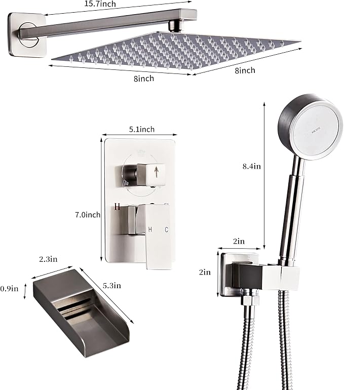 Brushed Nickel Rainfall Shower Head, Wall Mounted 12 Inch Shower Heads with Handheld Spray Combo, Luxury Bathroom Square Rain Shower System, Solid Brass Pressure Balancd Shower Faucet Valve