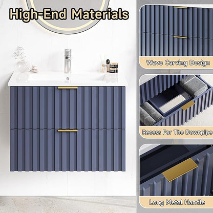 ONBRILL 24 Inch Bathroom Vanity with Sink Combo, Floating Bathroom Vanity with 2 Fluted Drawers & Metal Handle, Modern Wall Mount Storage Cabinet with Ceramic Integrated Sink for Small Space (Blue)