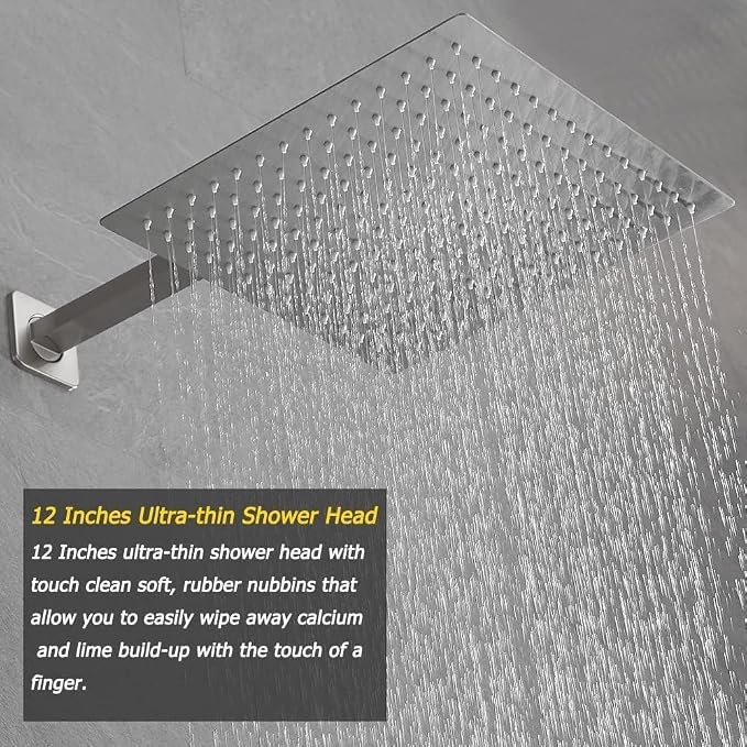 Shower Faucet Set Brushed Nickel 12 Inch Wall Mount Rainfall Shower System with 2 Rain Shower Head and Handheld Head Push Button Diverter Shower Trim Kit and Rough-in Valve Body