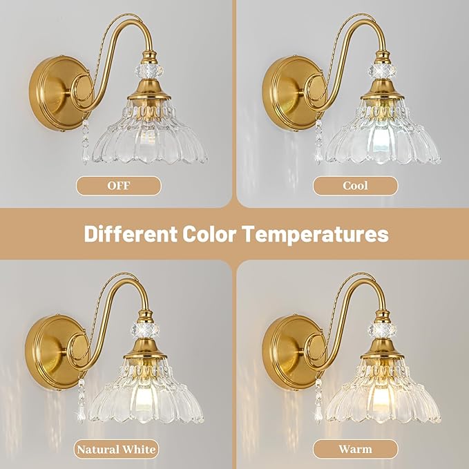 1 Piece Vintage Wall Sconce, 1-Light Brushed Gold Finish Wall Sconce with Hanging Crystal Accents and Flower-Shaped Amber Shades for Bathroom Bedroom Living Room,Vintage Vanity Light