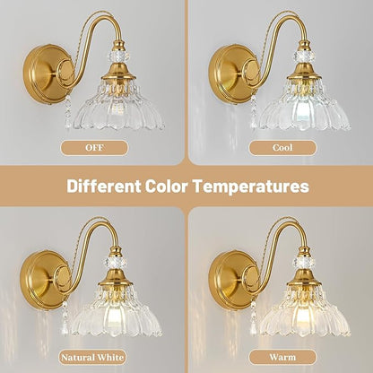 1 Piece Vintage Wall Sconce, 1-Light Brushed Gold Finish Wall Sconce with Hanging Crystal Accents and Flower-Shaped Amber Shades for Bathroom Bedroom Living Room,Vintage Vanity Light
