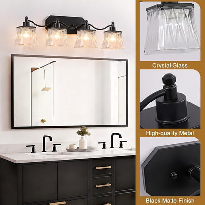 4-Light Matte Black Vanity Light, Vintage Crystal Glass Shades | Rust & Humidity Resistant Iron Frame,Mounted Over Mirror, Compatible with E26 Bulbs for Bathroom, Bedroom & Hallway