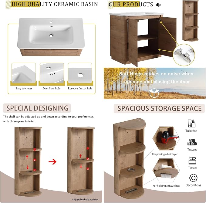 36" Bathroom Vanity with Ceramic Sink, Freestanding Bathroom Vanity with 2-Soft-Close Door, Semicircle Storage Rack & Inside Adjustable Shelves for Home, Farmhouse Floor Mount Vanity, Oak
