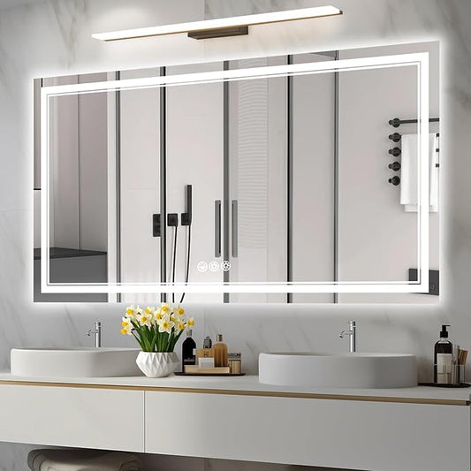 55x30 Inch Led Mirror for Bathroom with Front Light and Backlit, Bathroom Mirror with Led Lights, Vanity Mirror with Lights for Wall, Anti-Fog, Dimmable, Memory Function, Tempered Glass