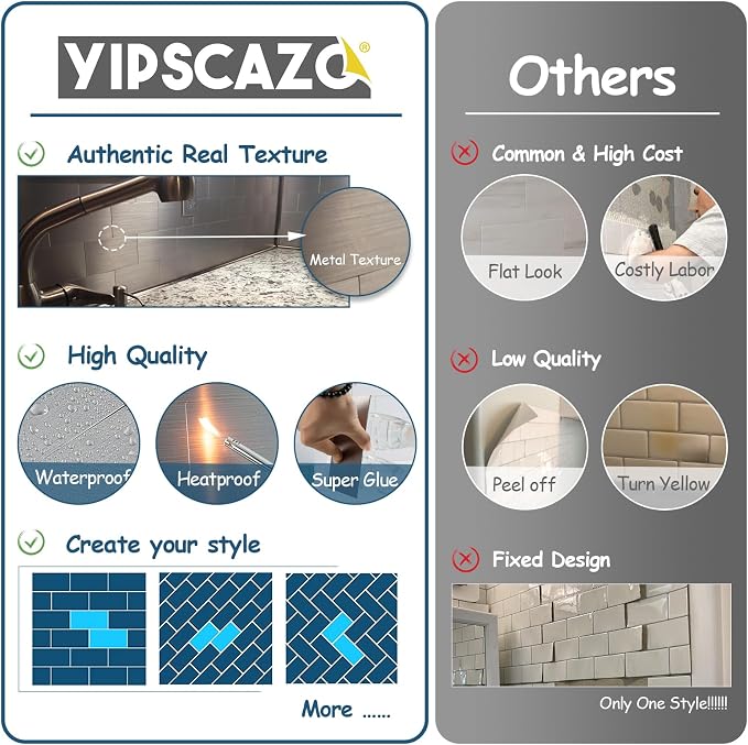 Yipscazo 2026 New Upgrade Peel and Stick backsplash 3 x 6 Inches, Backsplash Tile Peel and Stick Tile for Kitchen, Bathroom, Laundry Room, Fireplace(Metal, 100 Pieces)