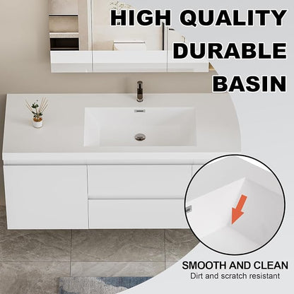 60'' Floating Bathroom Vanity, Pre-Assembled, Glossy White | 2 Soft-Close Drawers & Doors, Wall Mounted Bathroom Vanity with Single Sink, Resin Integrated Sink, Easy to Install & Clean