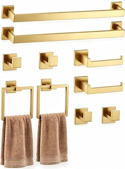 Nevado 10-Piece Wall Mounted Bathroom Hardware Set | Towel Bar, Toilet Paper Holder, Towel Ring& Robe Hook, Brushed Gold Bathroom Accessories, 23.6‑Inch Towel Bar