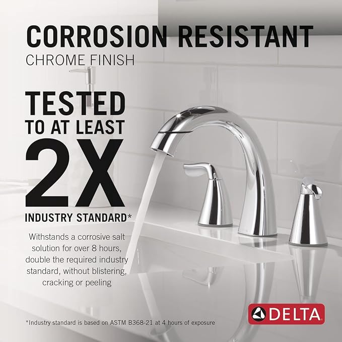 Delta Arvo Chrome Bathroom Faucet with Sprayer, 8 Inch 3 Hole Widespread Bathroom Sink Faucet with Pull Out Sprayer, Push-Pop Drain, Chrome 35840LF-PD