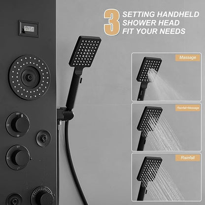 6 in 1 Shower Panel Tower System, Rainfall Shower Panels Set w/LED and Digital Display Stainless Steel Shower Tower with Waterfall Tub Spout 2-Type Massage Jets Handheld Head Matte Black