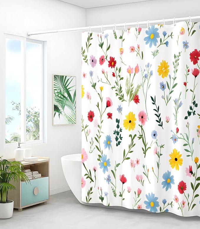 Shower Curtain for Bathroom Stall Boho Modern Cute Aesthetic Decorative Girly Waterproof Unique White Floral Girls Chic Print Design Teen Pretty Women Cortinas de Baño Bathtub 72 x72 Inch