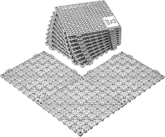 VEVOR Modular Interlocking Cushion, 12 Pack 12" x 12" Splicing Drainage Mats, Soft PVC Interlocking Drainage Floor Tiles, Non-Slip Drainage Holes for Restroom, Bathroom, Kitchen, Pool, Wet Areas, Gray