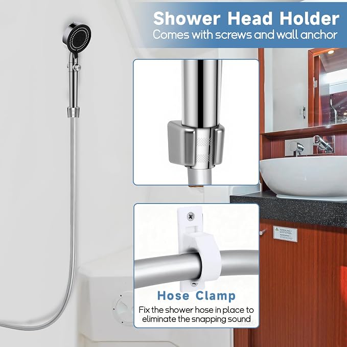 5+1 Mode High Pressure Replacement Silver RV Shower Head with Hose | On/Off Switch, Water Saving Motorhome Shower Head for RV/Campervan, Caravan