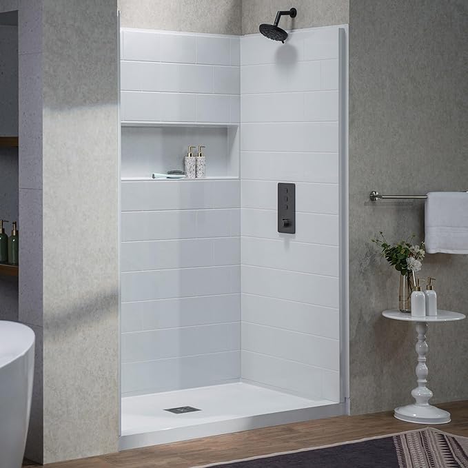 WOODBRIDGE 60"L x 32"W Shower Combo Kits with Glue Up Shower Walls in Glossy White and Shower Base with Center Drain in White