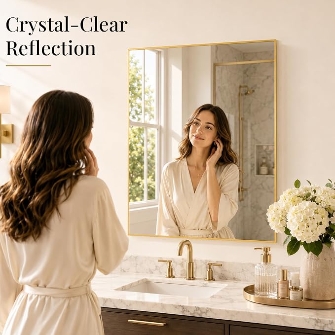 30"x36" Brushed Gold Framed Rectangle Bathroom Vanity Wall Mirror | Over-Sink Vanity Mirror, Slim Metal Frame, Entryway or Dresser Use, Vertical/Horizontal Mount, Tempered Glass