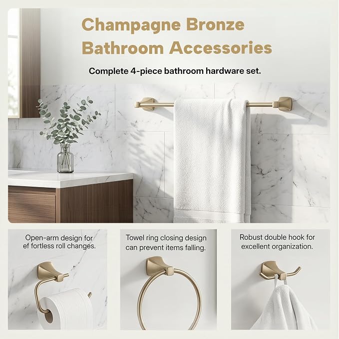 4 Piece Gold Bathroom Hardware Set - Brushed Gold Bathroom Accessories, 23.6 Inch Towel Bar | Towel Hook | Toilet Paper Holder | Hand Towel Holder (Dark Champagne Bronze)