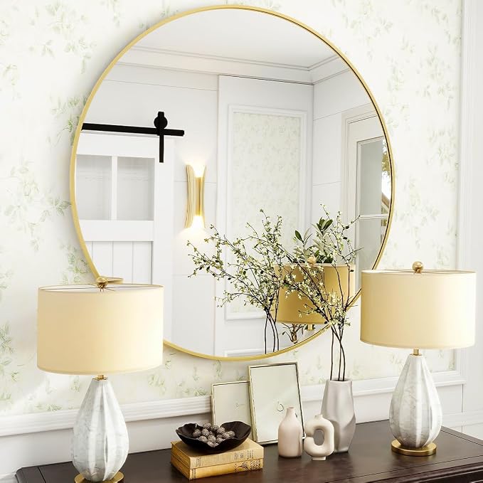 Gold Round Bathroom Mirror 30", Thin Metal Frame Wall Mirror | Circle Vanity Mirror for Over Sink, Hanging or Leaning Decor for Hallway, Entryway, Fireplace Mantel, Living Room