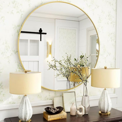 Gold Round Bathroom Mirror 30", Thin Metal Frame Wall Mirror | Circle Vanity Mirror for Over Sink, Hanging or Leaning Decor for Hallway, Entryway, Fireplace Mantel, Living Room