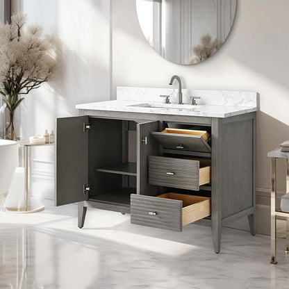 Vanity Art 42 inch Bathroom Vanity with Single Sink & Ceramic Top, Vanity Cabinet with Soft-Closing Door, Solid Wood Frame, Linear Pattern, Driftwood Gray, Golden Brushed Handware VA9142-DG-GB