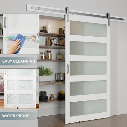 40'' x 84'' Glass Barn Door and 7FT Brushed Nickel Hardware Kit | MDF White Barn Door Slab with Frosted Glass, PVC Surface, Combined with Handle and Floor Guide-Assembly Required