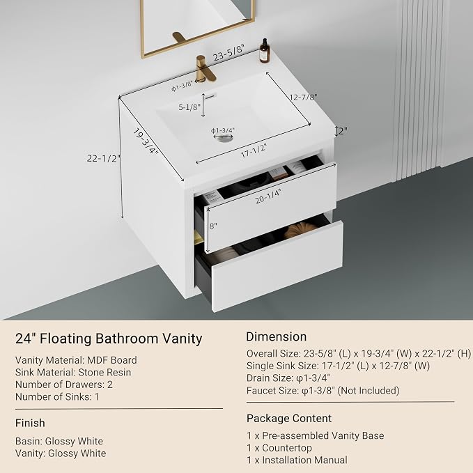 Modern 24" Wall-Mounted Bathroom Vanity with Sink | Floating Storage Cabinet, Stone Resin Countertop, Soft Close Drawers | Glossy White