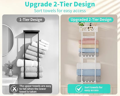 HapiRm Towel Rack Bathroom Storage - 3 Tier Over The Door & Wall Mounted Rolled Towel Racks Holder Organizer with Metal Shelf and 6 Hooks for Small Bathroom, Camper, Rv - White