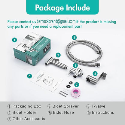 BARROCK Handheld Bidet Sprayer for Toilet, Stainless Steel Metal Made Baby Cloth Diaper Spraying Kit, Bathroom Toilet Bidet Attachment Set for Bathing Pets and Feminine Hygiene, Brushed Nickel