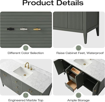 Vanity Art 60 inch Bathroom Vanity with Single Sink & Ceramic Top, Vanity Cabinet with Soft-Closing Door, Solid Wood Frame, Linear Pattern, Vintage Green, VA9160-SVG-MB,Matte Black Handles