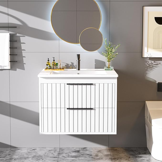 24" Bathroom Vanity with Sink, Floating Vanity Bathroom Sink Cabinet Wall Mount, Soft-Close Function 2 Large Drawers, Grooved Stripe Design, Hidden Damping Drawers, White