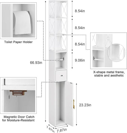 VECELO Storage Cabinet, 67" Tall Narrow Bathroom Cabinet with X-Frame Metal Design, Toilet Paper Holder, Magnetic Door & Drawer, for Small Spaces, Pearl White