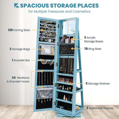 CHARMAID 360° Swivel Jewelry Armoire with Full Length Mirror, Standing Lockable Jewelry Cabinet Organizer, Large Storage Capacity, Inside Makeup Mirror, Back Storage Shelves (Sky Blue)