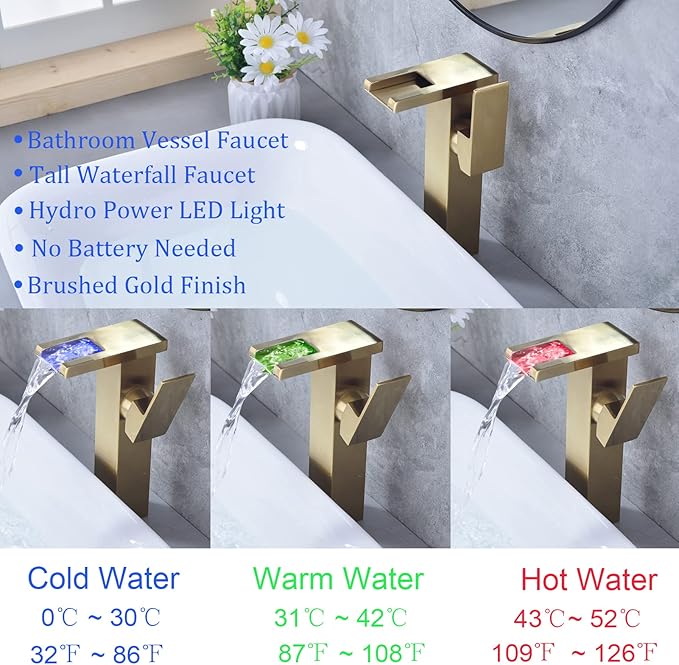 LED Waterfall Bathroom Sink Faucet, 3 Colors Spout Faucet with Water Supply Hose, Single Handle Single Hole Slanted Body Brass Mixer Vanity Sink Tap Brushed Gold