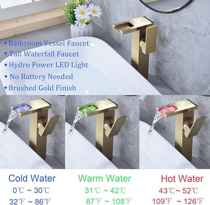 LED Waterfall Bathroom Sink Faucet, 3 Colors Spout Faucet with Water Supply Hose, Single Handle Single Hole Slanted Body Brass Mixer Vanity Sink Tap Brushed Gold