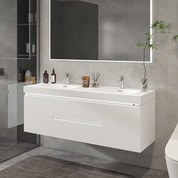 Vanity Art LED Lighted 60 Inch Double Sinks Wall Mounted Bathroom Vanity Set 2 Drawers 4 Shelves Storage Cabinet White Engineered Stone Top Undermount Rectangle Sinks with Sensor Switch