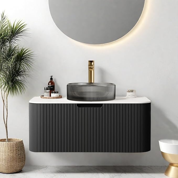 36" Floating Bathroom Vanity with Sink, Plywood Modern Bathroom Storage Cabinet with Ultra-Thin Crystal Glass Basin and Marble Top, Soft-Close Design, Pre-Assembled, Gloss Black