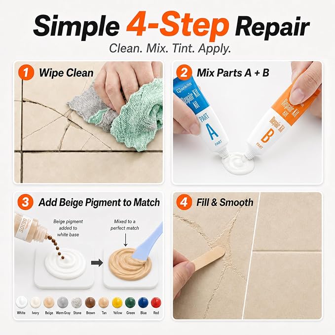 Tile Repair Kit (Color Match), Ceramic & Porcelain Epoxy Putty for Floor | For Chips, Cracks, Holes, Scratches on Porcelain & Ceramic Wall/Floor Tile, Super Bond Ceramic Tile Paste Filler