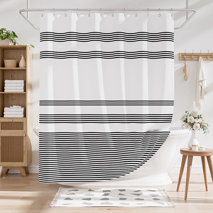 AmazerBath Long Shower Curtain, 72x78 Striped Black Fabric Shower Curtain Set with 12 Shower Curtain Hooks, Rustic Cloth Black and White Shower Curtain, Farmhouse Bathroom Shower Curtain Sets