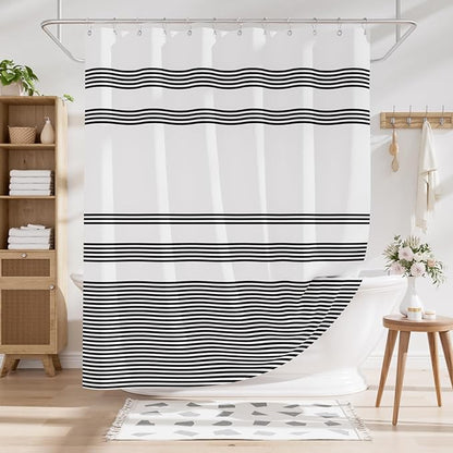 AmazerBath Long Shower Curtain, 72x78 Striped Black Fabric Shower Curtain Set with 12 Shower Curtain Hooks, Rustic Cloth Black and White Shower Curtain, Farmhouse Bathroom Shower Curtain Sets