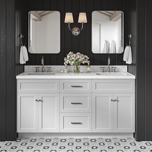 DKB Bradford 66-Inch Grey Double Bathroom Vanity, 1.5-Inch Carrara Quartz Countertop & Splash, Double Rectangular Sinks, 2 Soft Closing Doors, 3 Dovetail Drawers, Toe Kick, Brushed Nickel