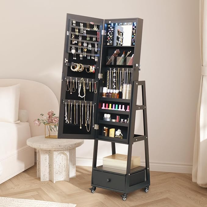 Jewelry Armoire Organizer 62 Inch Full Length Mirror with Standing LED Mirror Jewelry Cabinet Lockable Jewelry Storage Cabinet With Drawer Wheels Black