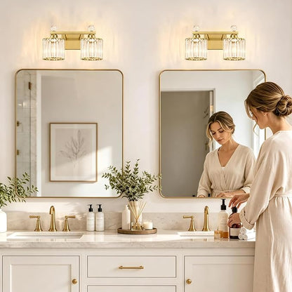 Lxybcce Modern Crystal Bathroom Vanity Light, 14In 2-Lights Bathroom Light Fixtures, Gold Vanity Light Fixtures Over Mirror, Easy Installation & Shadow-Free Illumination for Bathroom Mirror Decor