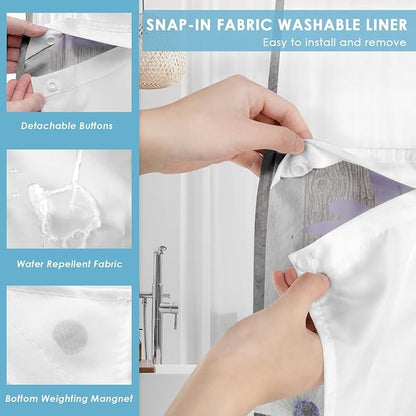 No Hook Shower Curtain with Snap in Liner 71x74 Inch Purple Rustic | Daisy Butterfly Farmhouse Modern Double Layers Waterproof Fabric with See Through Top Window Open Grommet Bath Curtain